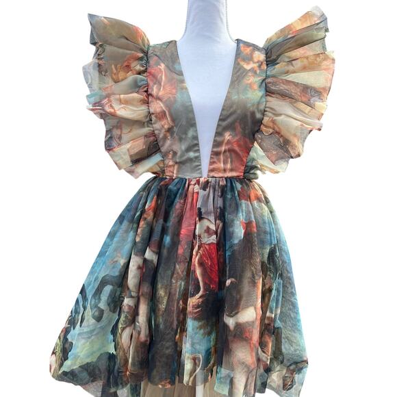 Akira Romantic Chiffon Ruffles Renaissance Oil Painting Art Hi Low Party Dress S - Picture 2 of 16